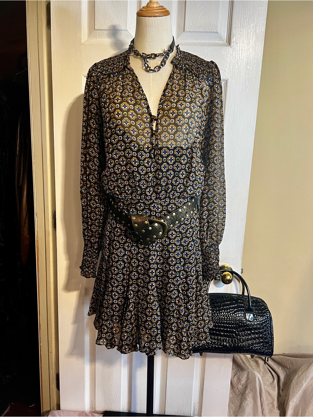 Veronica Beard Sacchi Sheer Lined Chiffon Boho Motif Print Pleated Mini Dress 4